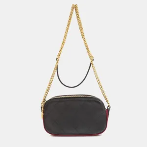 Black Calfskin Grosgrain Stitched Button Up Camera Shoulder Bag