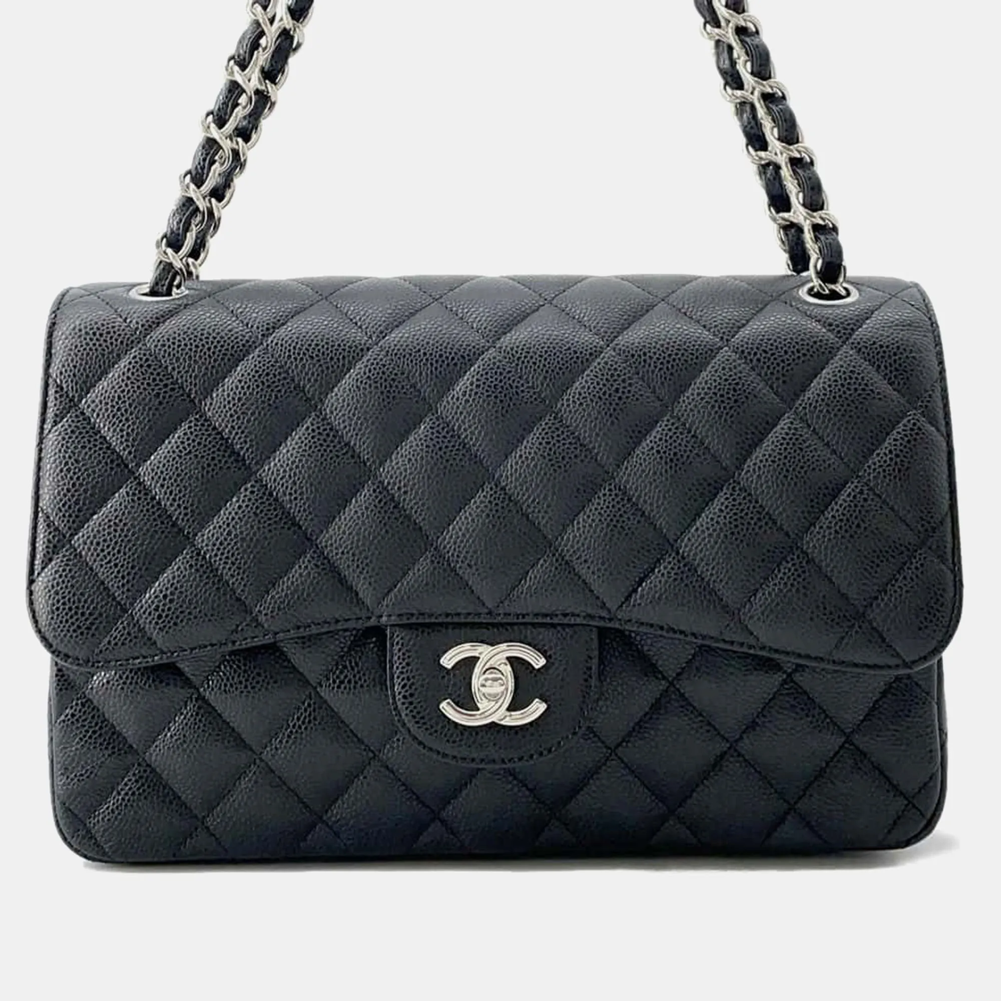 Black Caviar Leather Matelasse W Flap Chain Shoulder Bag Size 30