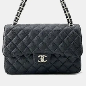 Black Caviar Leather Matelasse W Flap Chain Shoulder Bag Size 30