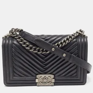 Black Chevron Pleated Leather Medium Boy Flap Bag