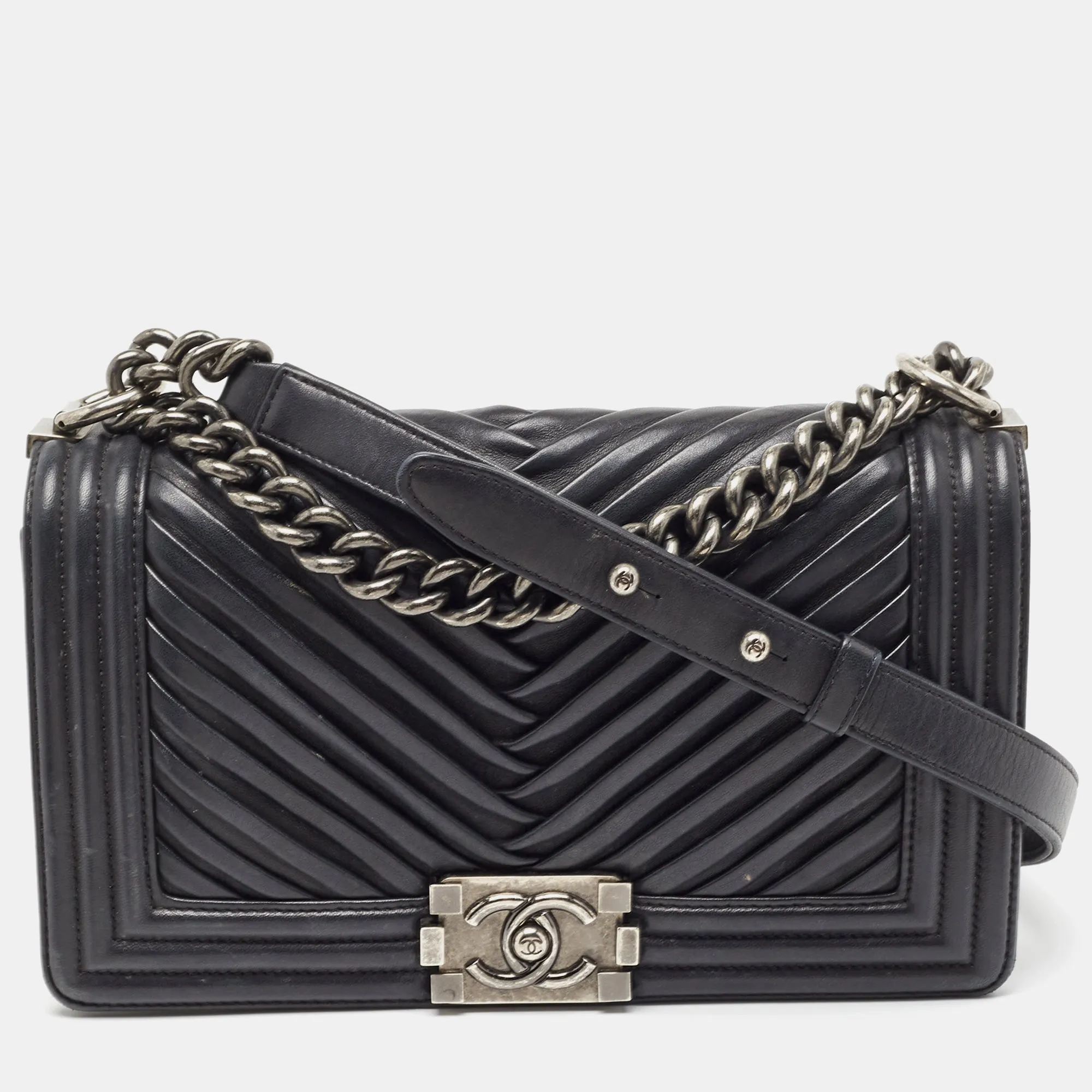Black Chevron Pleated Leather Medium Boy Flap Bag