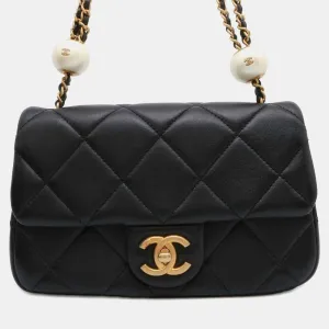 Black Lambskin Faux Pearl Matelasse Pearl Ball Flap Bag Size Small