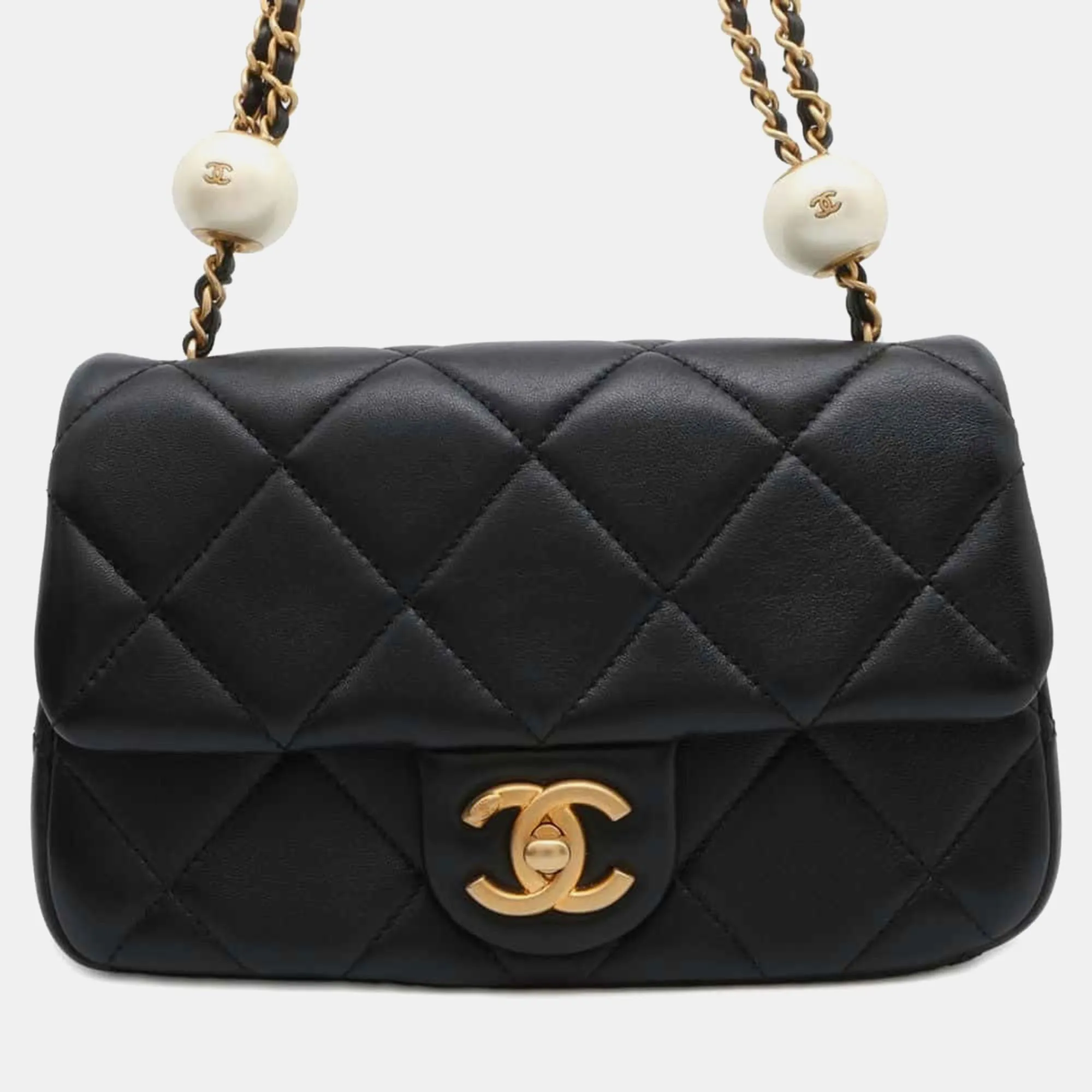 Black Lambskin Faux Pearl Matelasse Pearl Ball Flap Bag Size Small