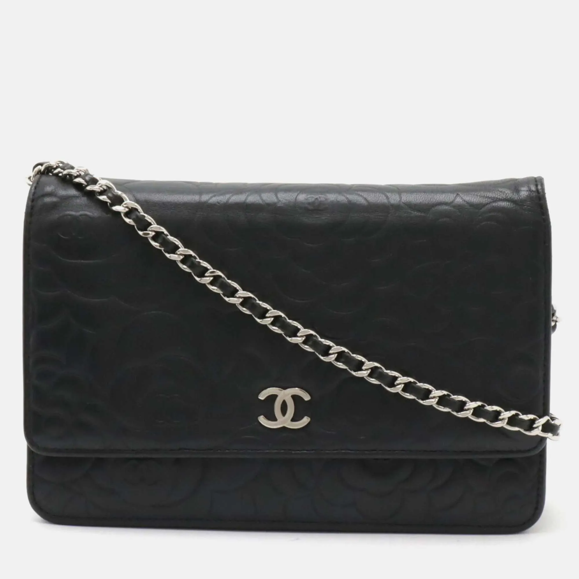 Black Lambskin Leather Camellia Chain Wallet Bag