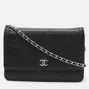 Black Lambskin Leather Camellia Chain Wallet Bag