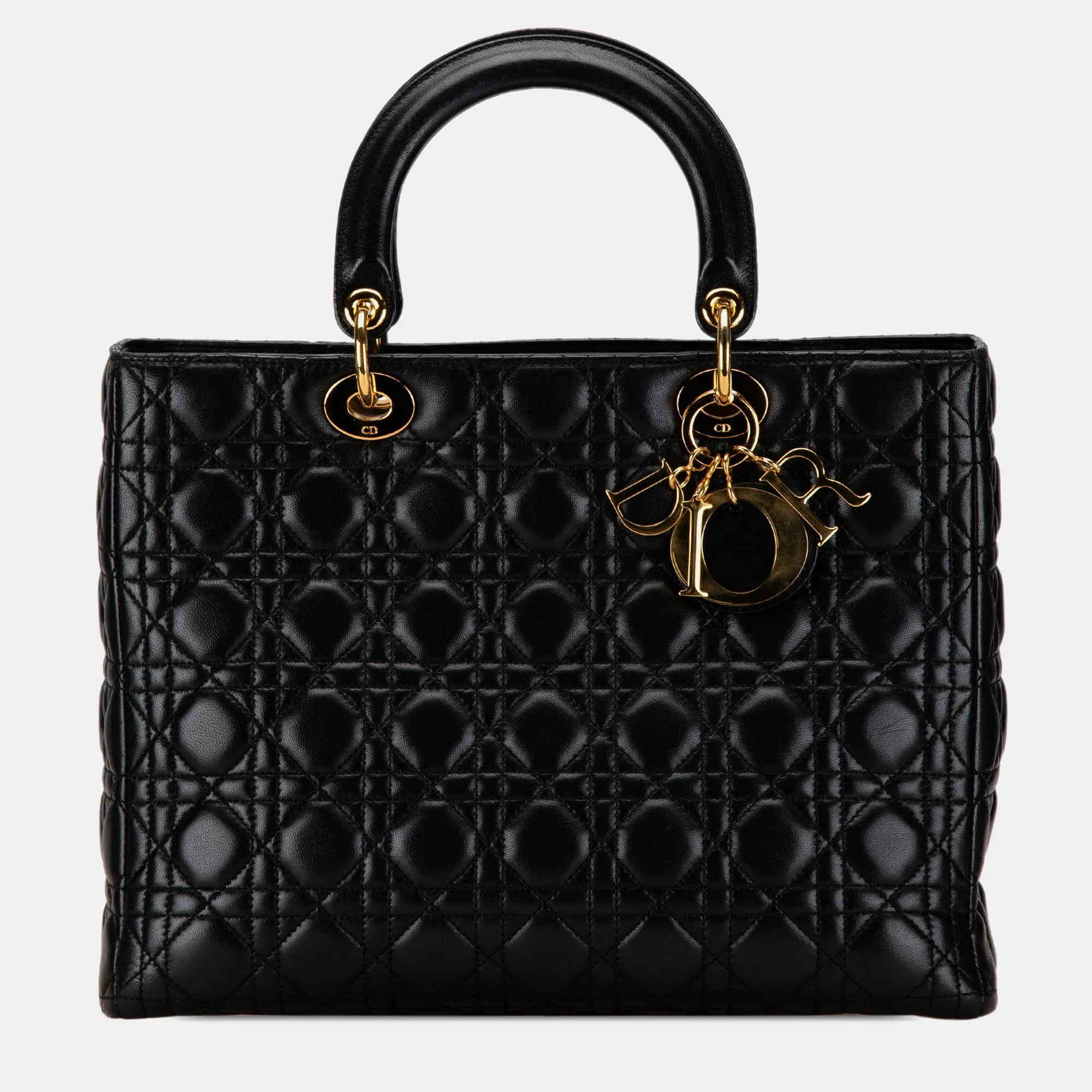 Black Lambskin Leather Large Cannage Lady Tote Bag