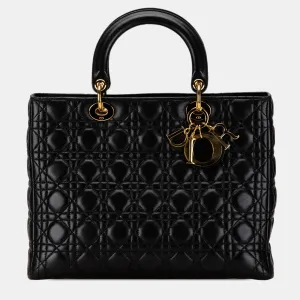 Black Lambskin Leather Large Cannage Lady Tote Bag