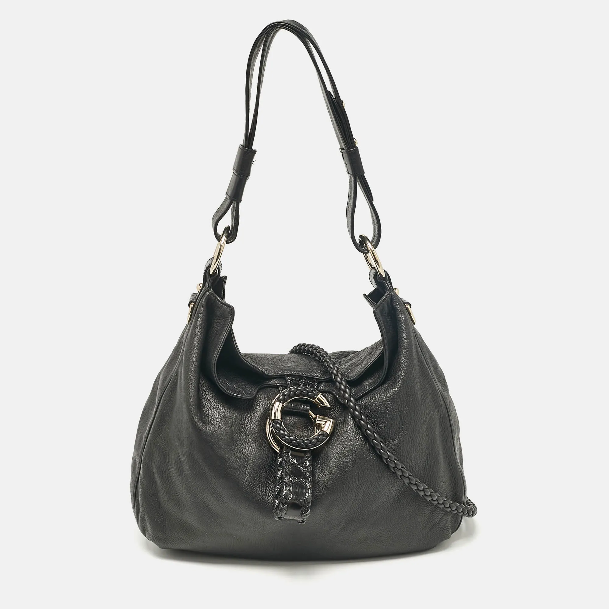 Black Leather and Crocodile Medium G Wave Hobo