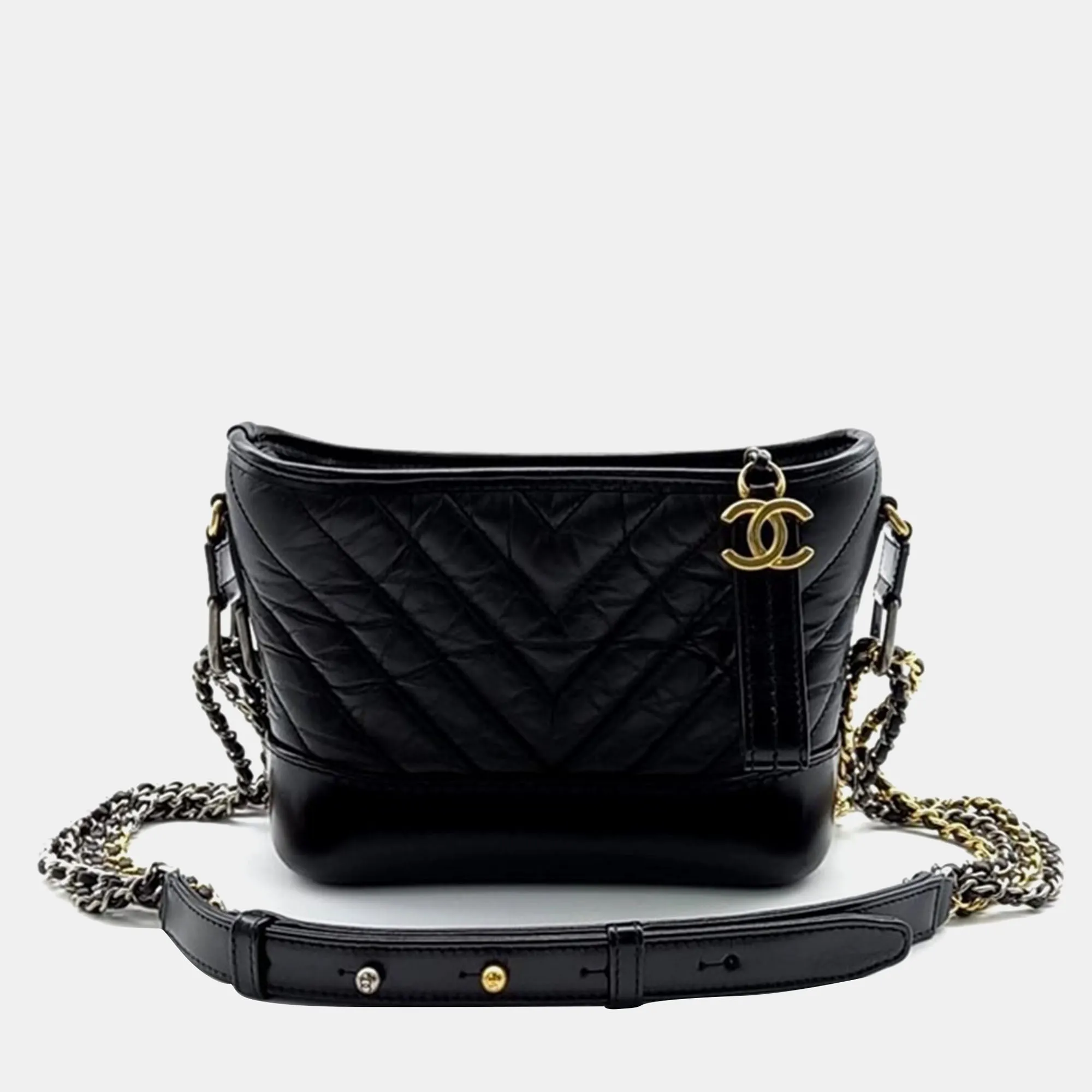 Black Leather Chevron Gabrielle Small Hobo Bag