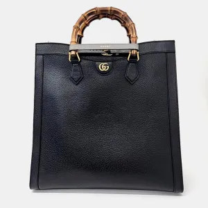 Black Leather Large Diana Tote Bag