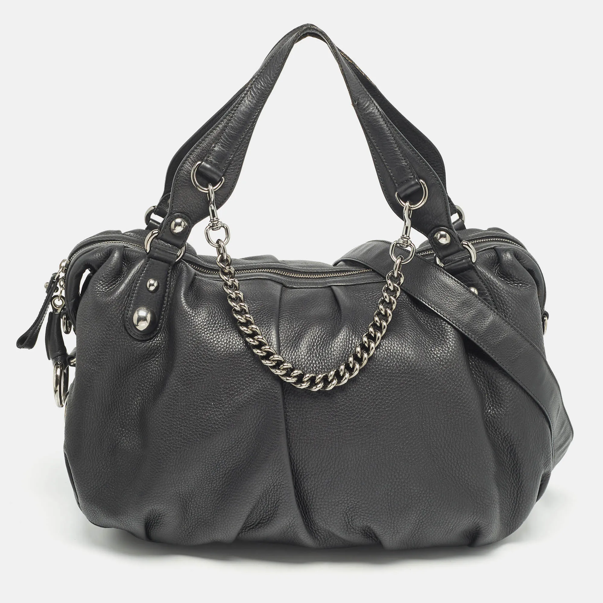 Black Leather Large Icon Bit Boston Bag