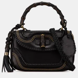 Black Leather Medium Studded New Bamboo Tassel Satchel Bag