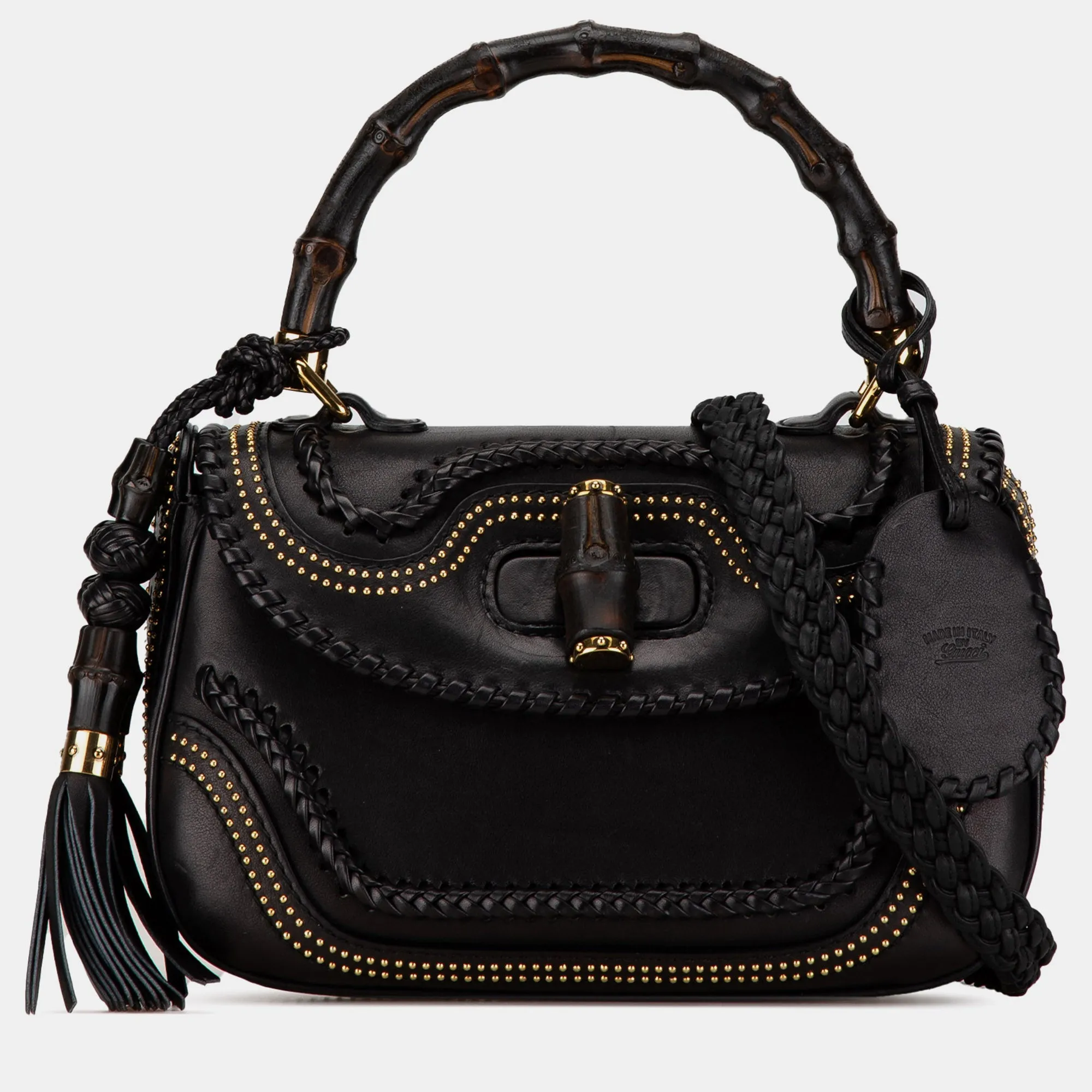Black Leather Medium Studded New Bamboo Tassel Satchel Bag