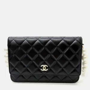 Black Leather Pearl WOC Mini Cross Bag