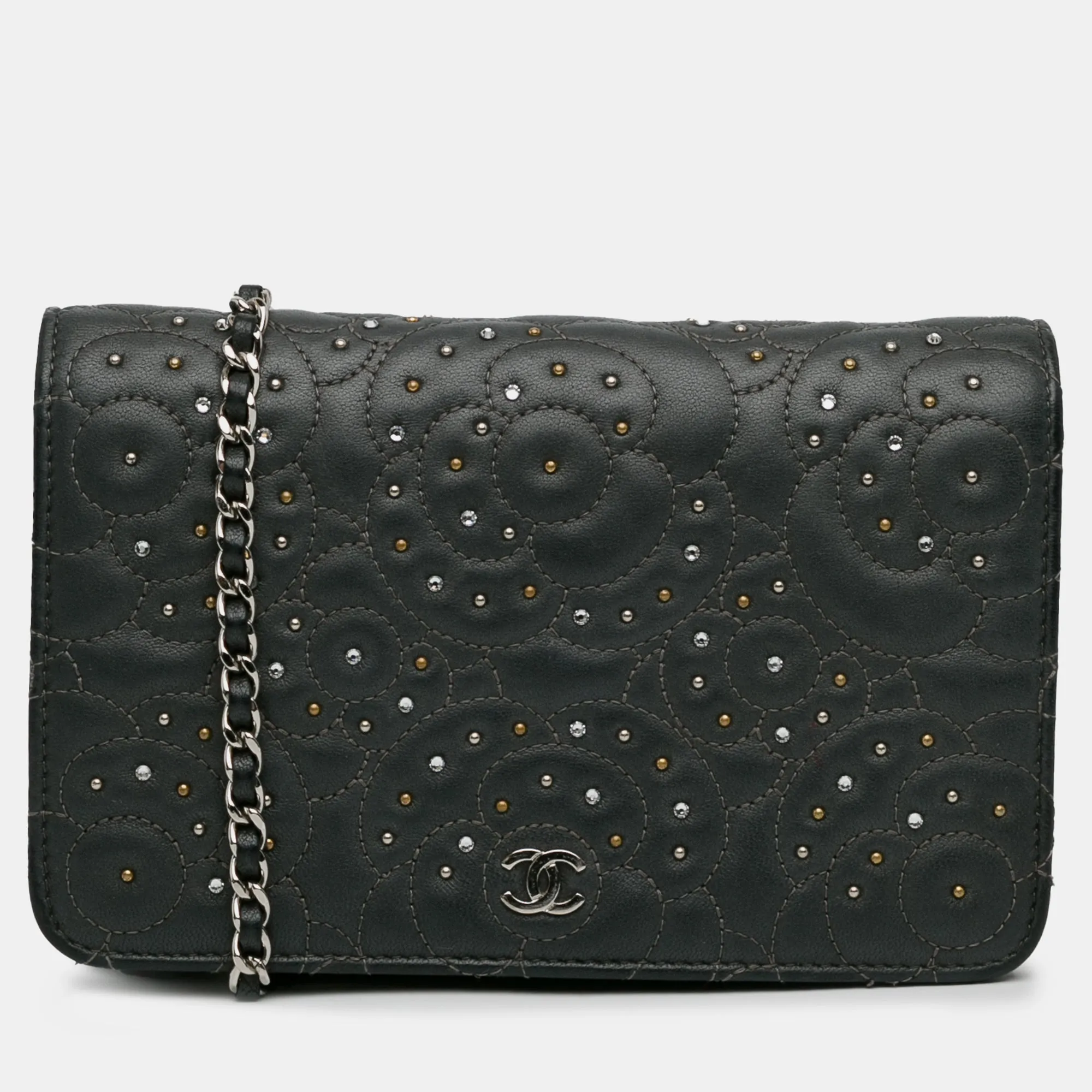 Black Leather Studded Camellia Wallet On Chain