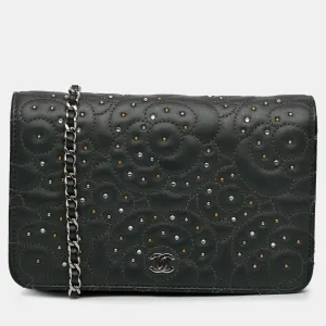 Black Leather Studded Camellia Wallet On Chain