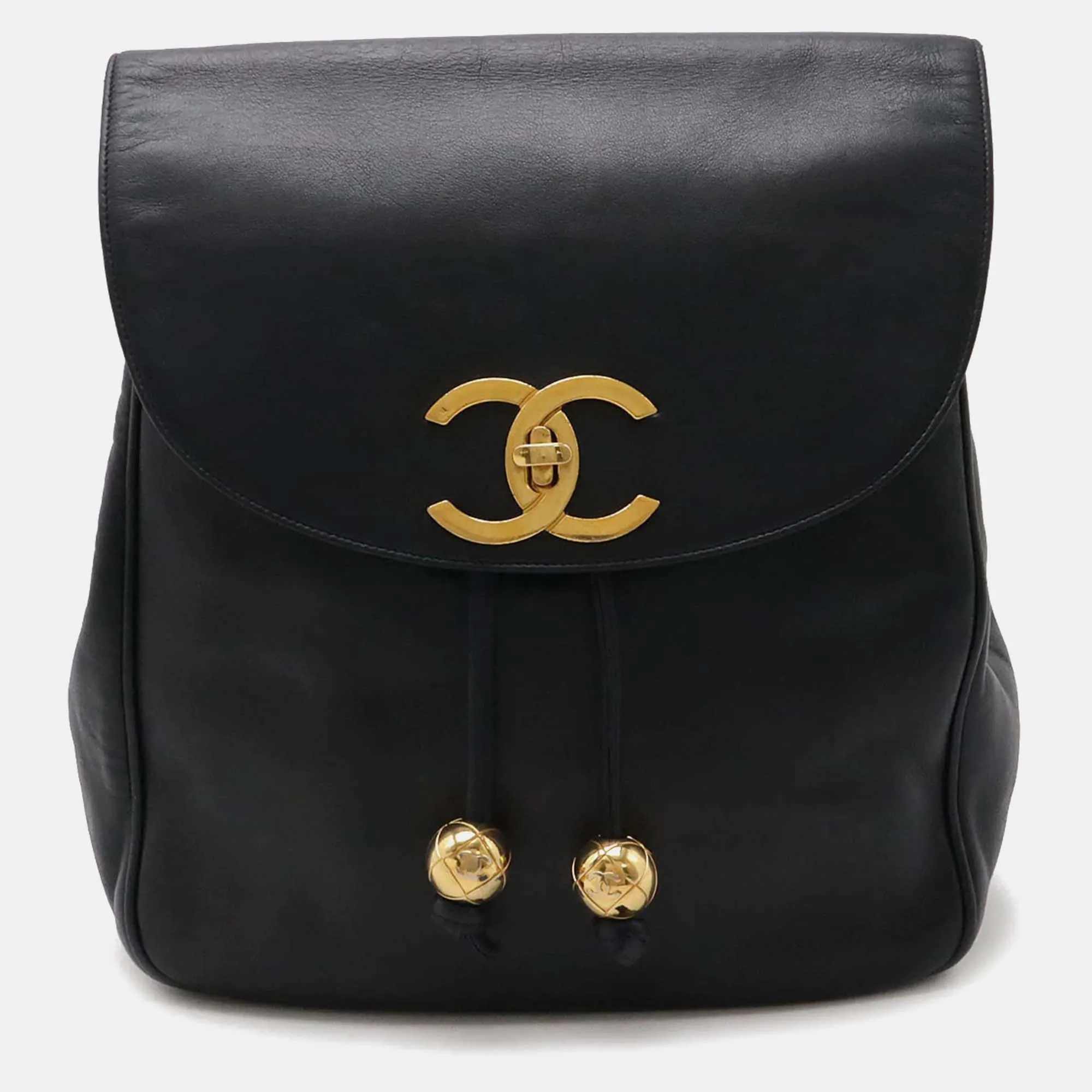 Black Navy Leather Coco Mark Chain Backpack Rucksack