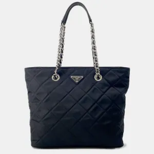Black Nylon Leather Quilted Chain Tote Bag