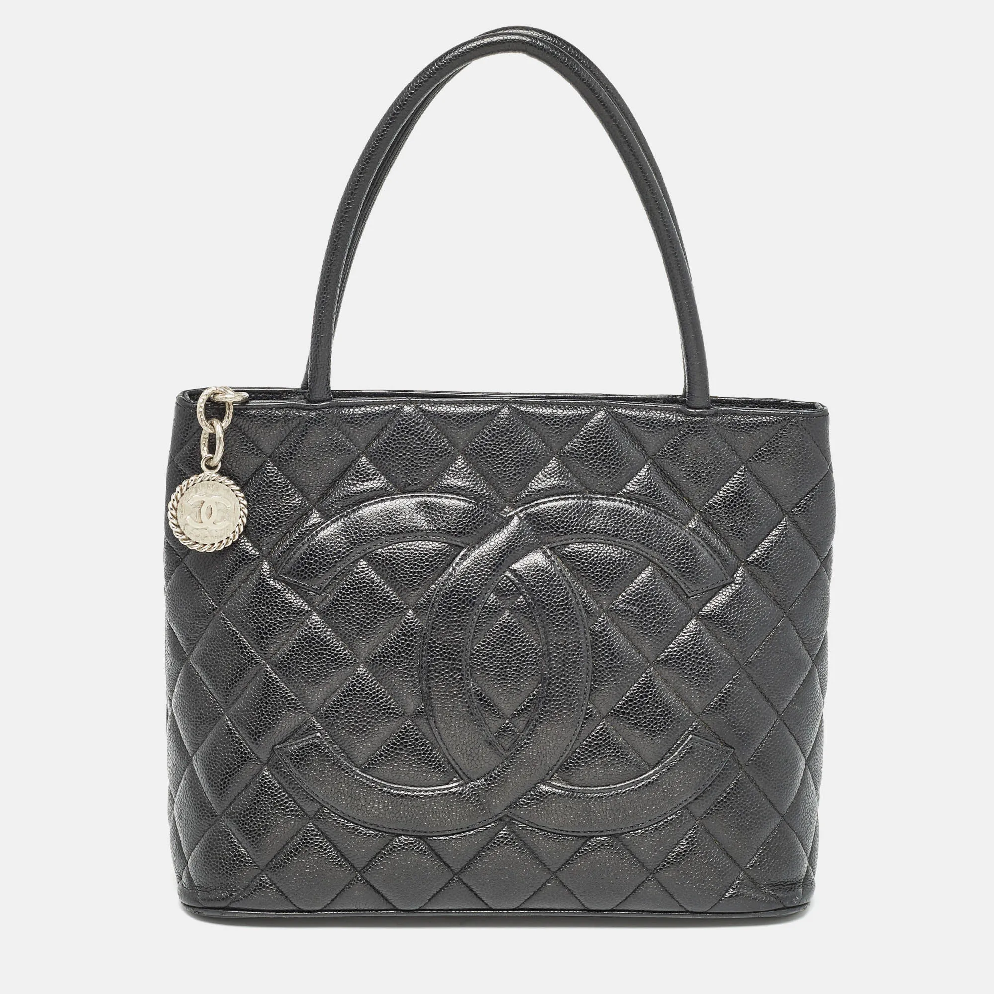 Black Quilted Caviar Leather Medallion Tote