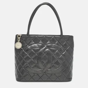 Black Quilted Caviar Leather Medallion Tote