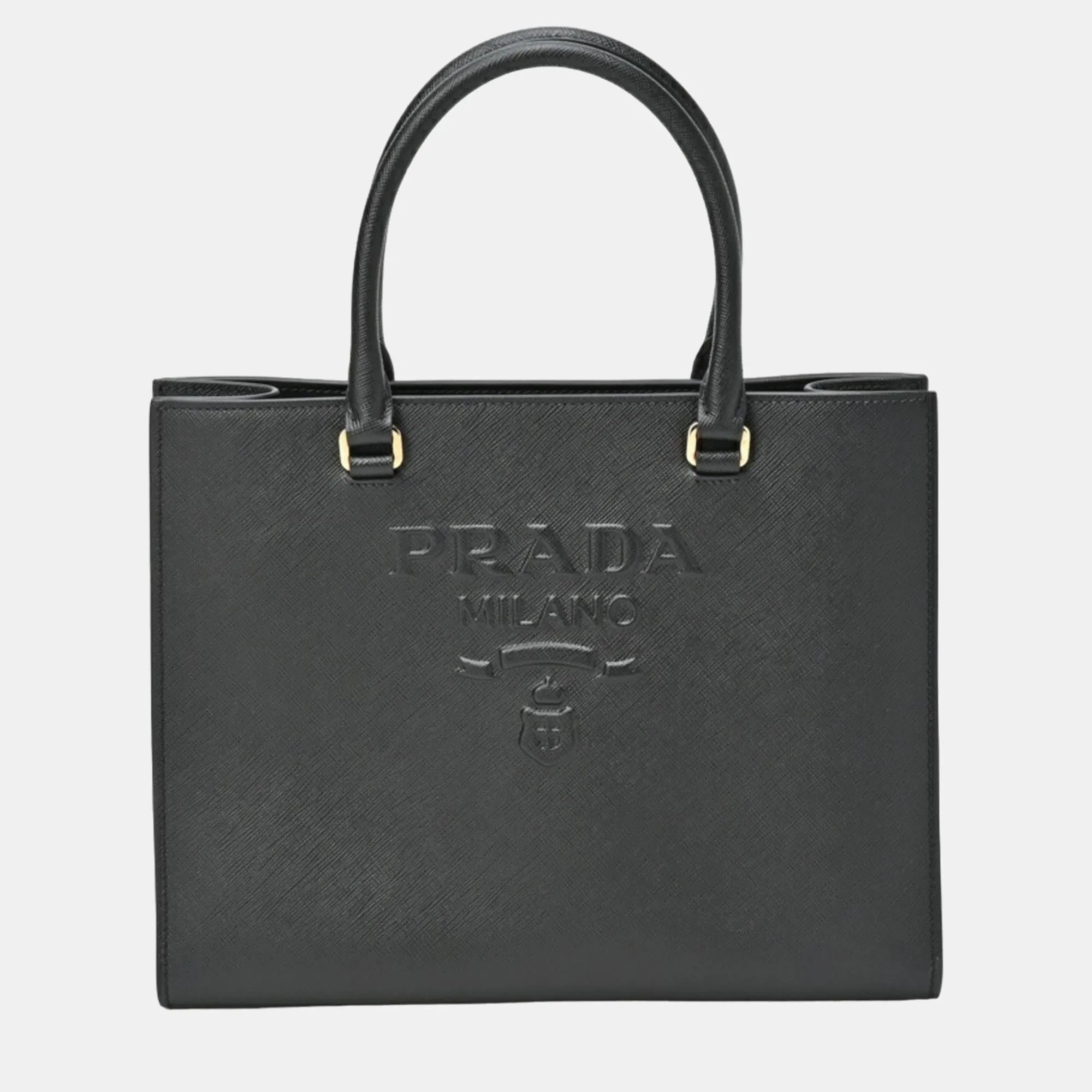 Black Saffiano Leather Medium Lux Embossed Logo Tote Bag