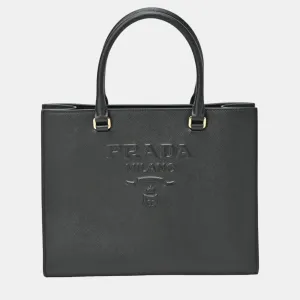Black Saffiano Leather Medium Lux Embossed Logo Tote Bag