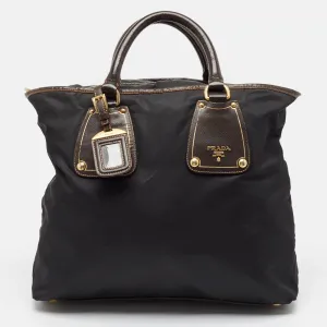 Black Tessuto Nylon and Leather Zip Tote