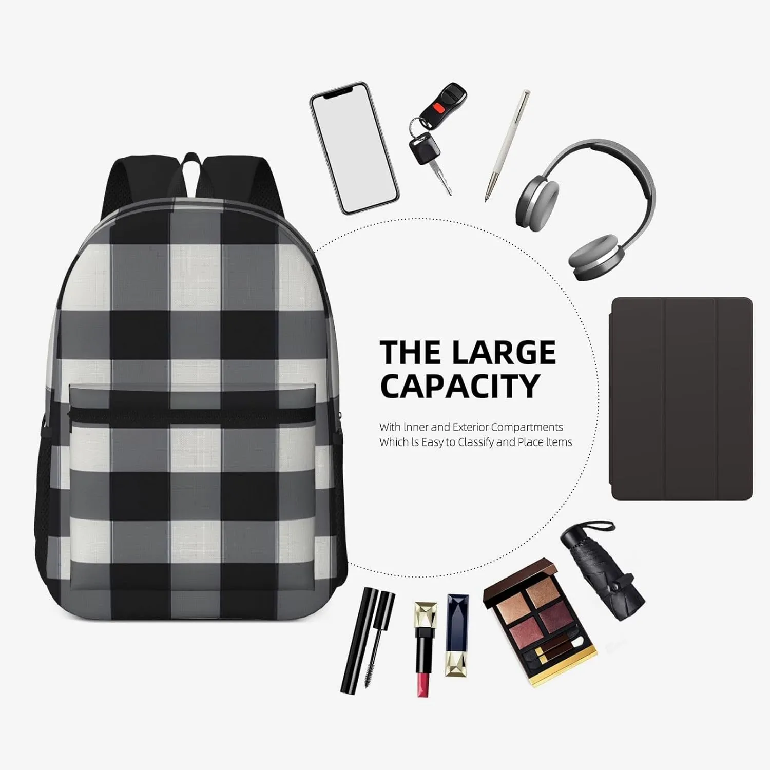 Black White Plaid 17 Inch Laptop Backpack For Travel Work For Men Women Laptop Bag With Adjusted Shoulder Straps
