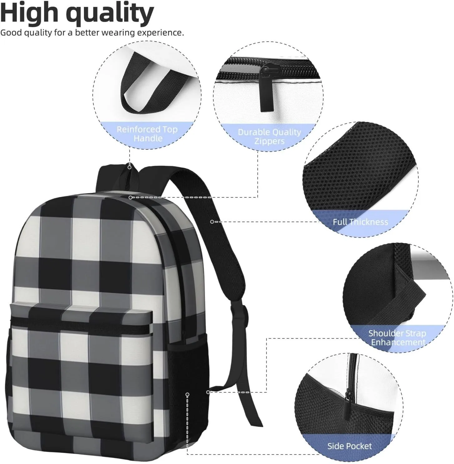 Black White Plaid 17 Inch Laptop Backpack For Travel Work For Men Women Laptop Bag With Adjusted Shoulder Straps