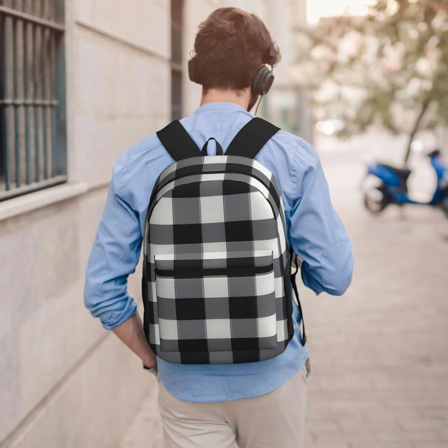 Black White Plaid 17 Inch Laptop Backpack For Travel Work For Men Women Laptop Bag With Adjusted Shoulder Straps