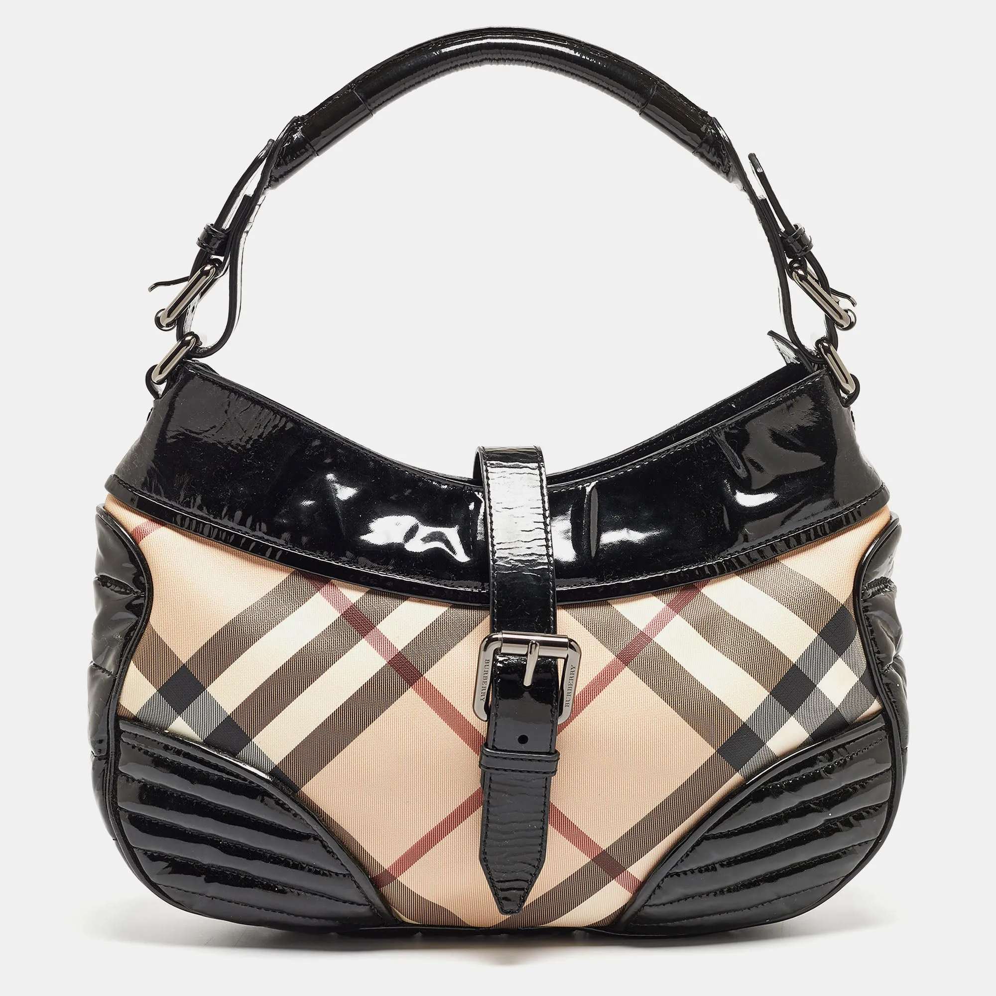 Black/Beige Nova Check PVC and Patent Leather Hobo