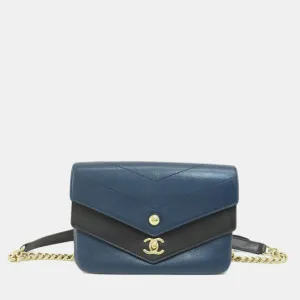 Black/Navy Blue Calfskin Elaphe Double Chevron Flap Bag