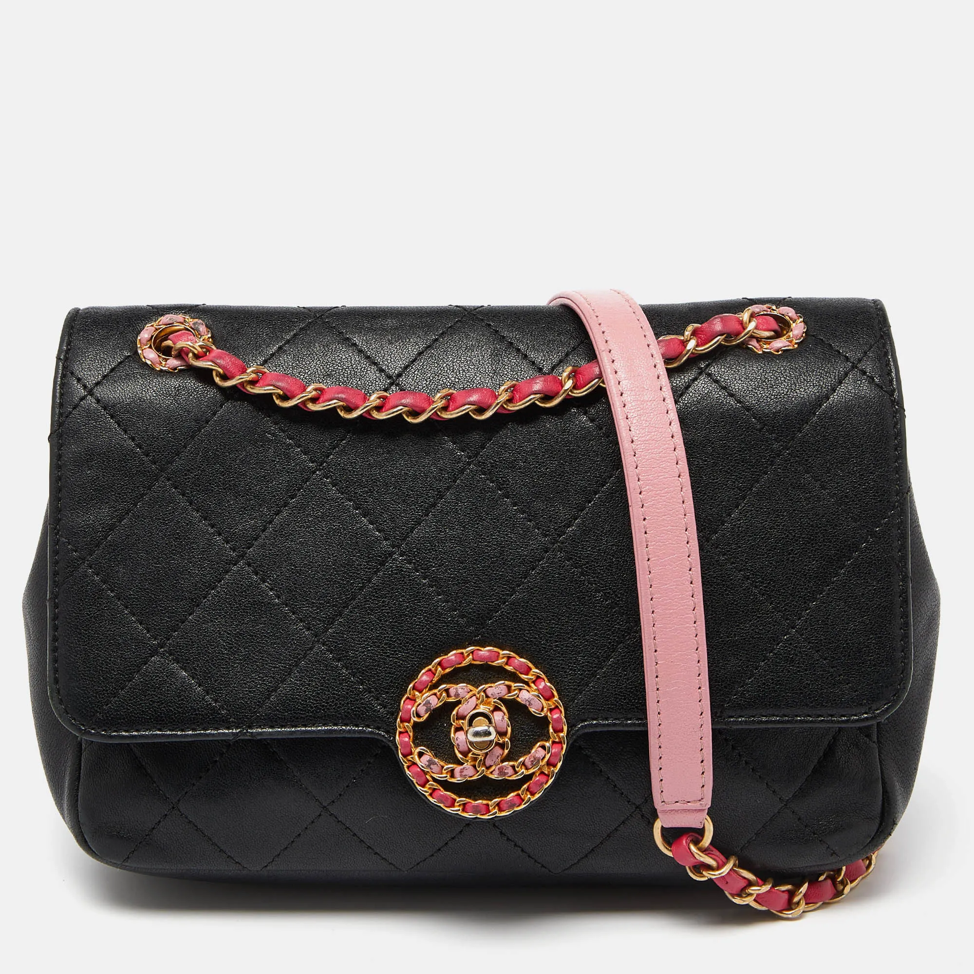 Black/Pink Quilted Leather CC Chain Logo Shoulder Bag