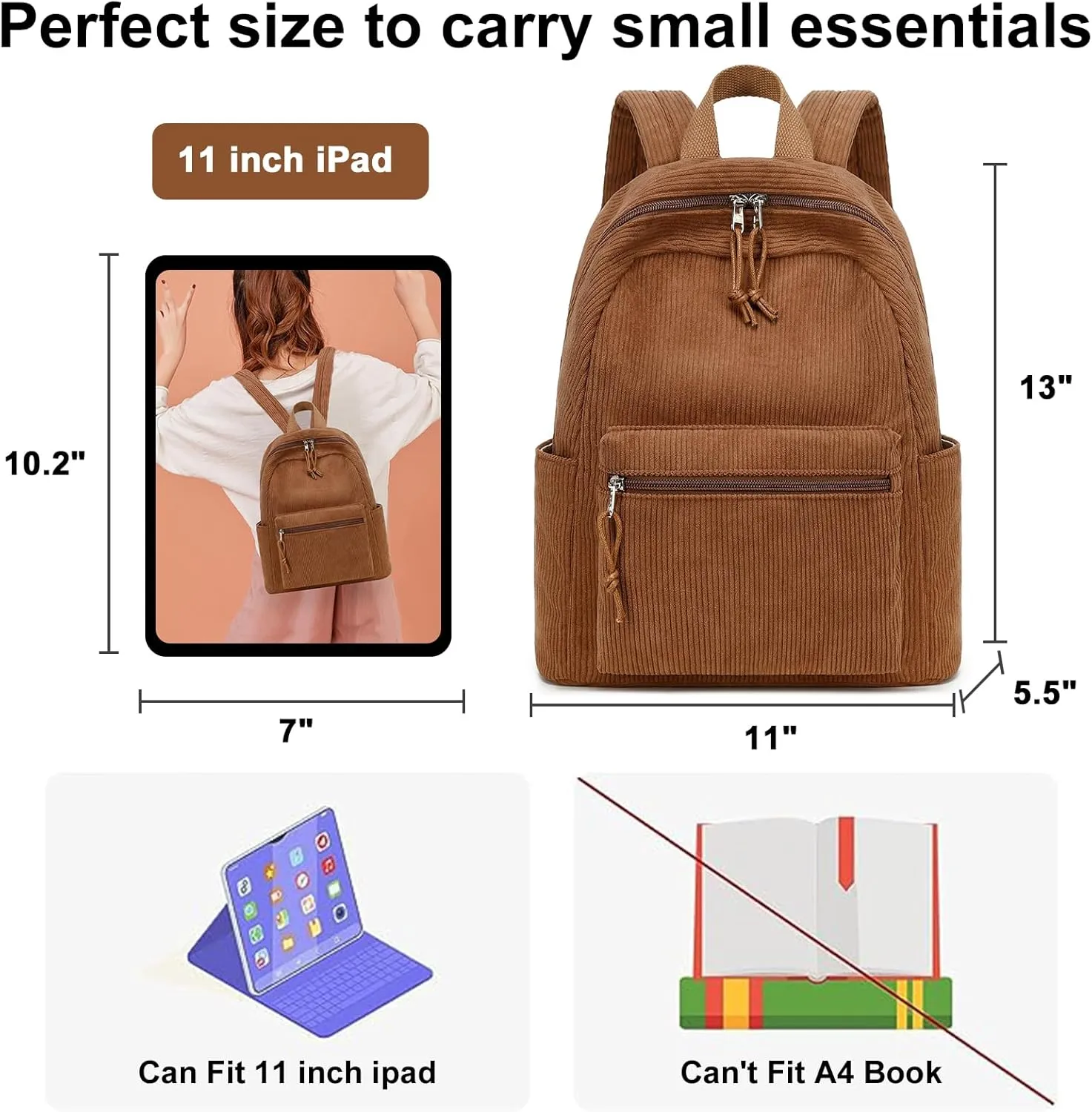 Bluboon Girls Mini Backpack Women Small Backpack Purse Teens Cute Casual School Bookbag(Corduroy Coffee)