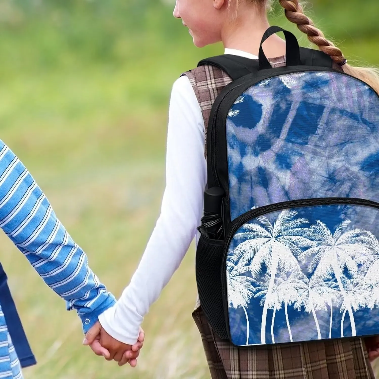 Blue and White Coconut Tree Kids School Bag Backpack for Children Kids Teens Large Capacity School Bags Bookbag Casual Shoulder Bags Daypack with Side Pockets