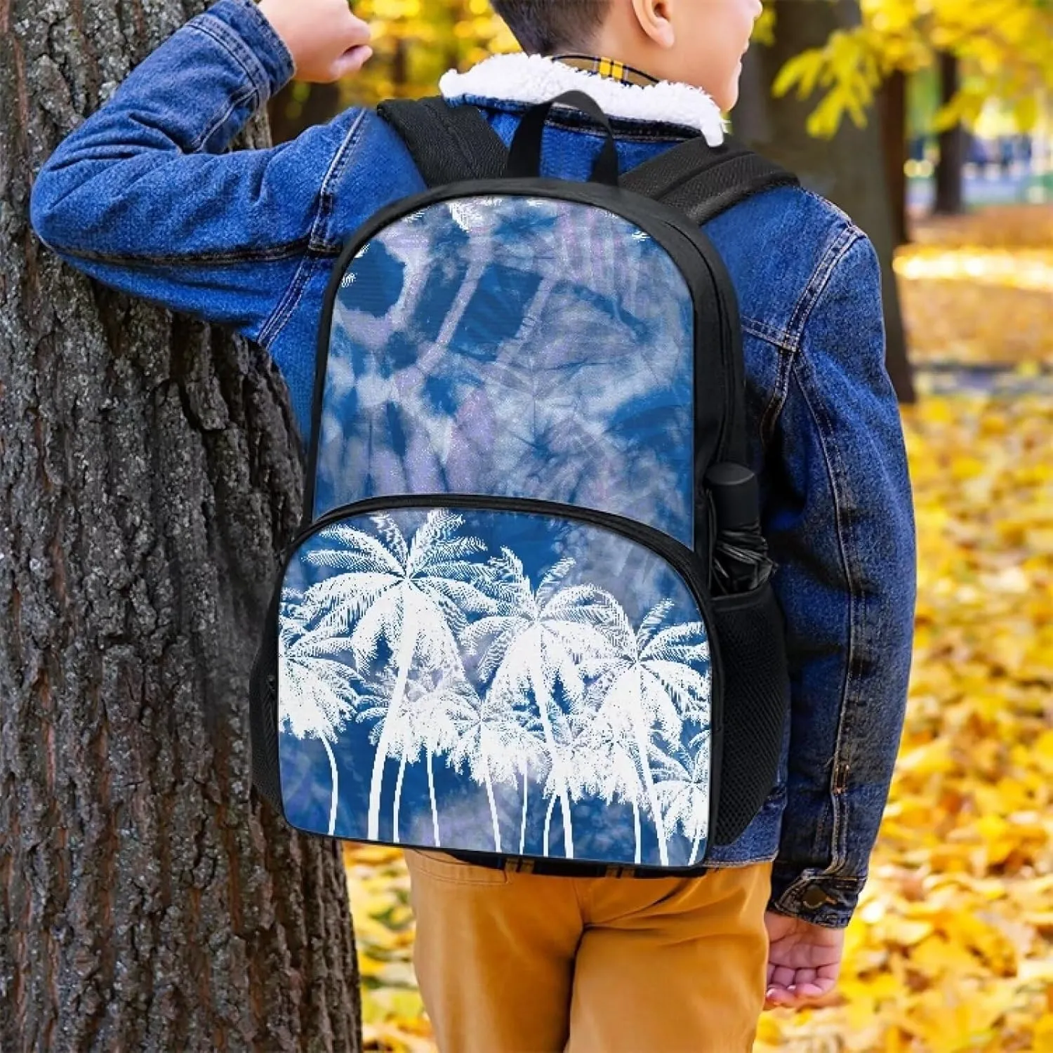 Blue and White Coconut Tree Kids School Bag Backpack for Children Kids Teens Large Capacity School Bags Bookbag Casual Shoulder Bags Daypack with Side Pockets
