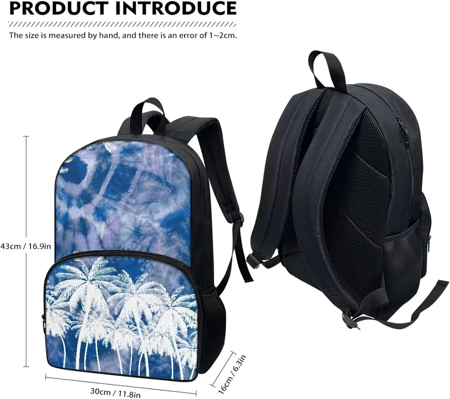 Blue and White Coconut Tree Kids School Bag Backpack for Children Kids Teens Large Capacity School Bags Bookbag Casual Shoulder Bags Daypack with Side Pockets