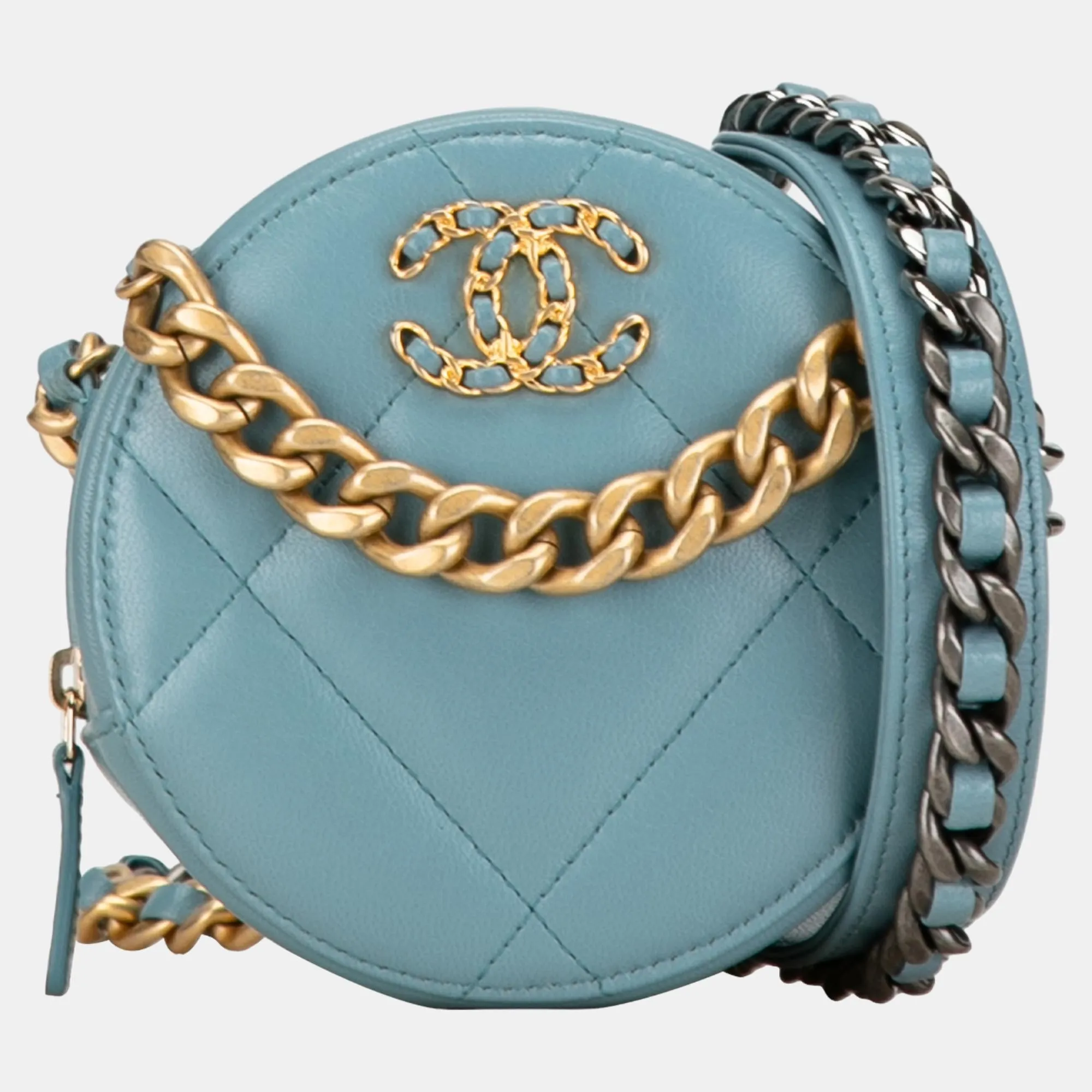 Blue Lambskin 19 Round Clutch with Chain