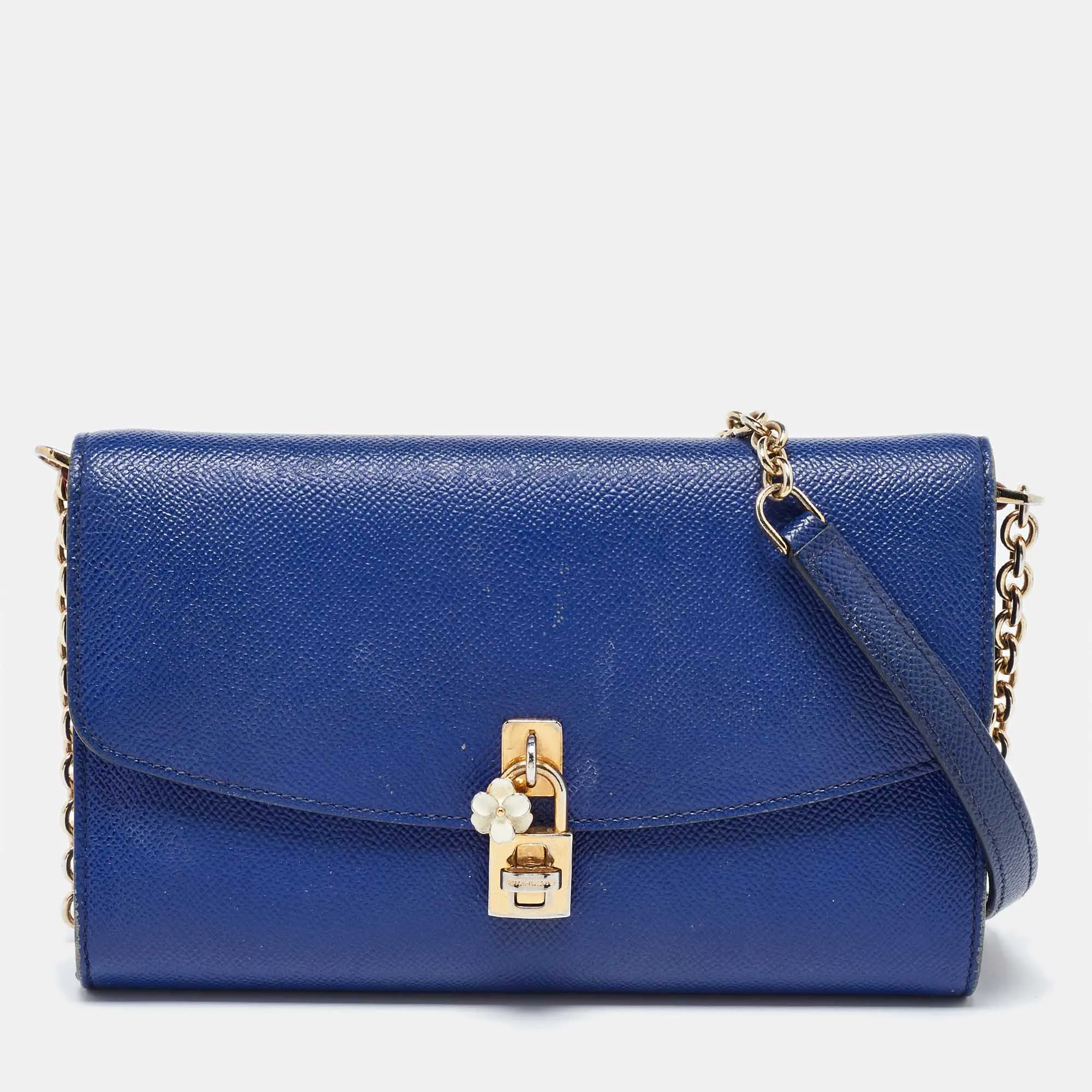 Blue Leather Padlock Chain Shoulder Bag