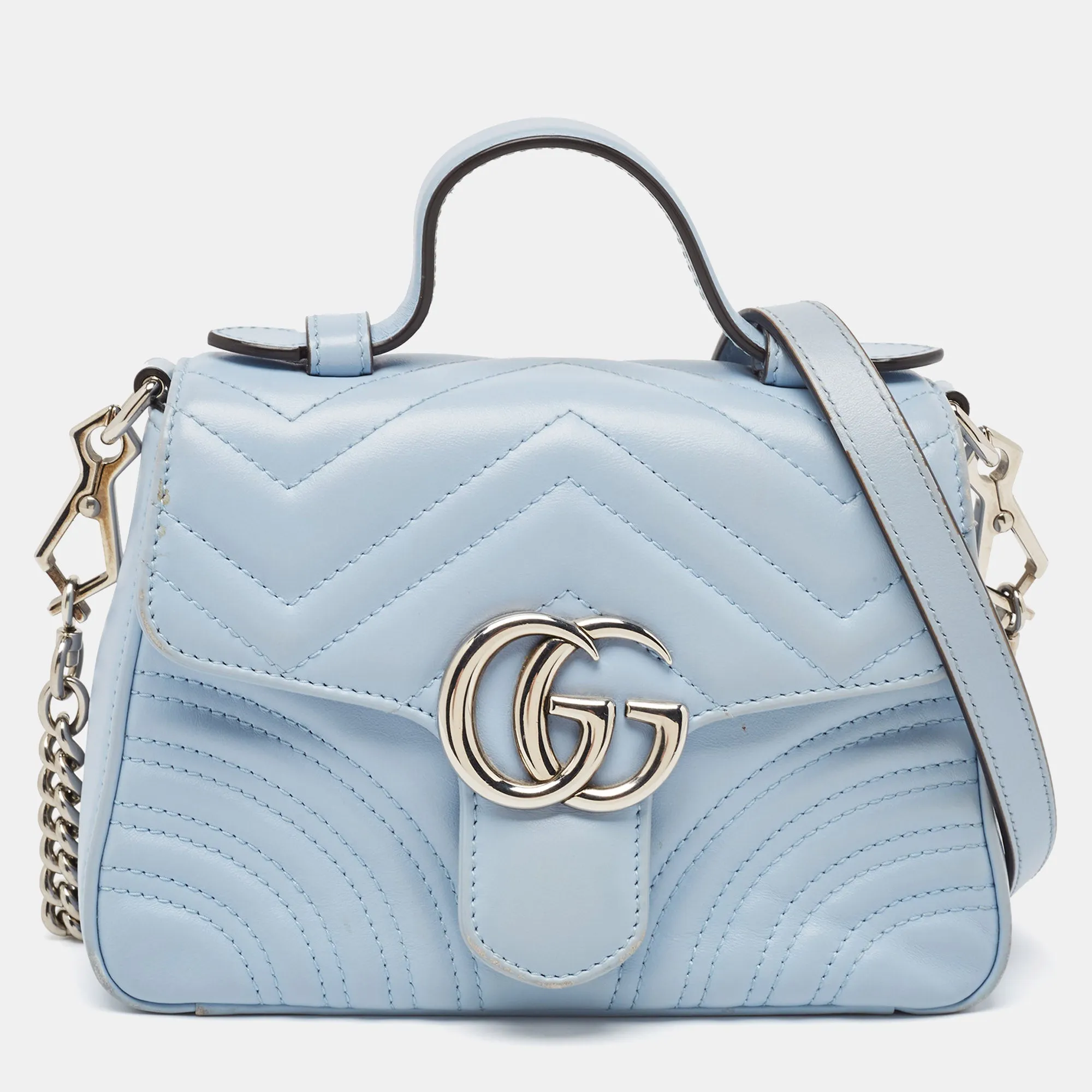Blue Matelass&eacute; Leather Mini GG Marmont Top Handle Bag