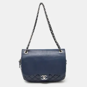 Blue Quilted Aged Leather Flap Shoulder Bag