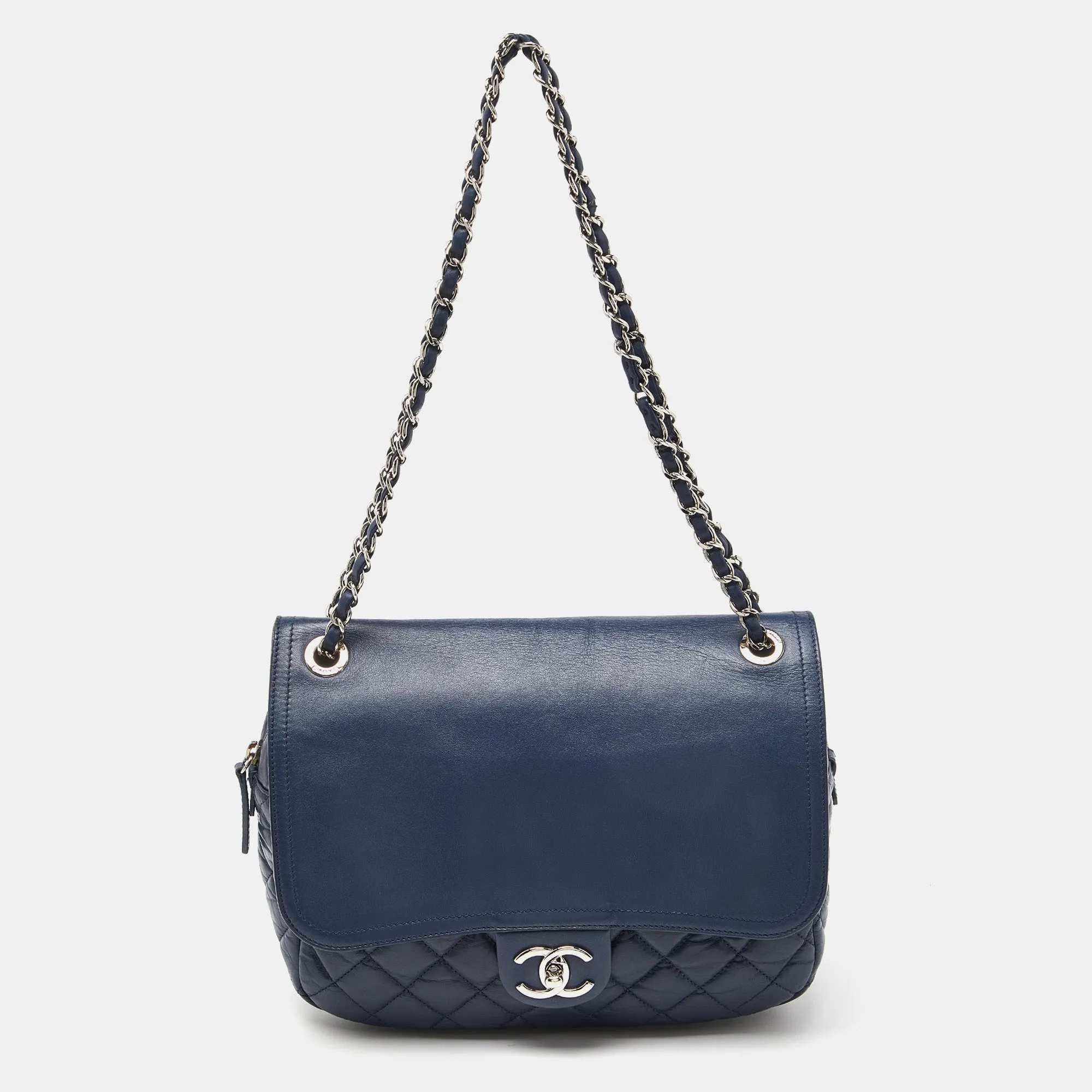 Blue Quilted Aged Leather Flap Shoulder Bag