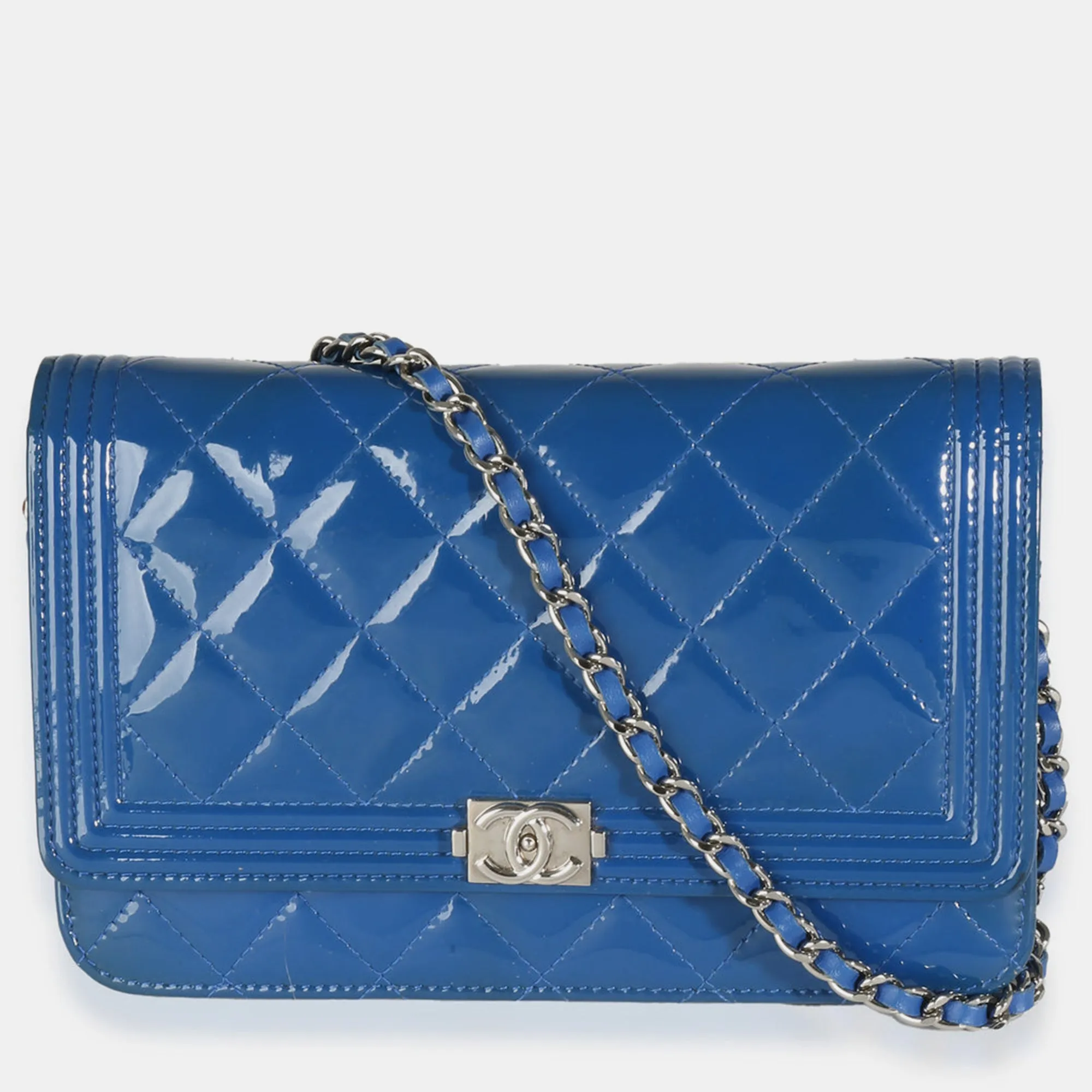Blue Quilted Patent Boy Wallet On Chain