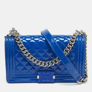 Blue Quilted Patent Leather Medium Boy Flap Bag