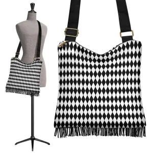 Boho Bag (Canvas) - Black and White Harlequin| Hobo Slouchy Bag Crossbody, Shoulder Bags for Women Hobo, Pattern Hobo Bag