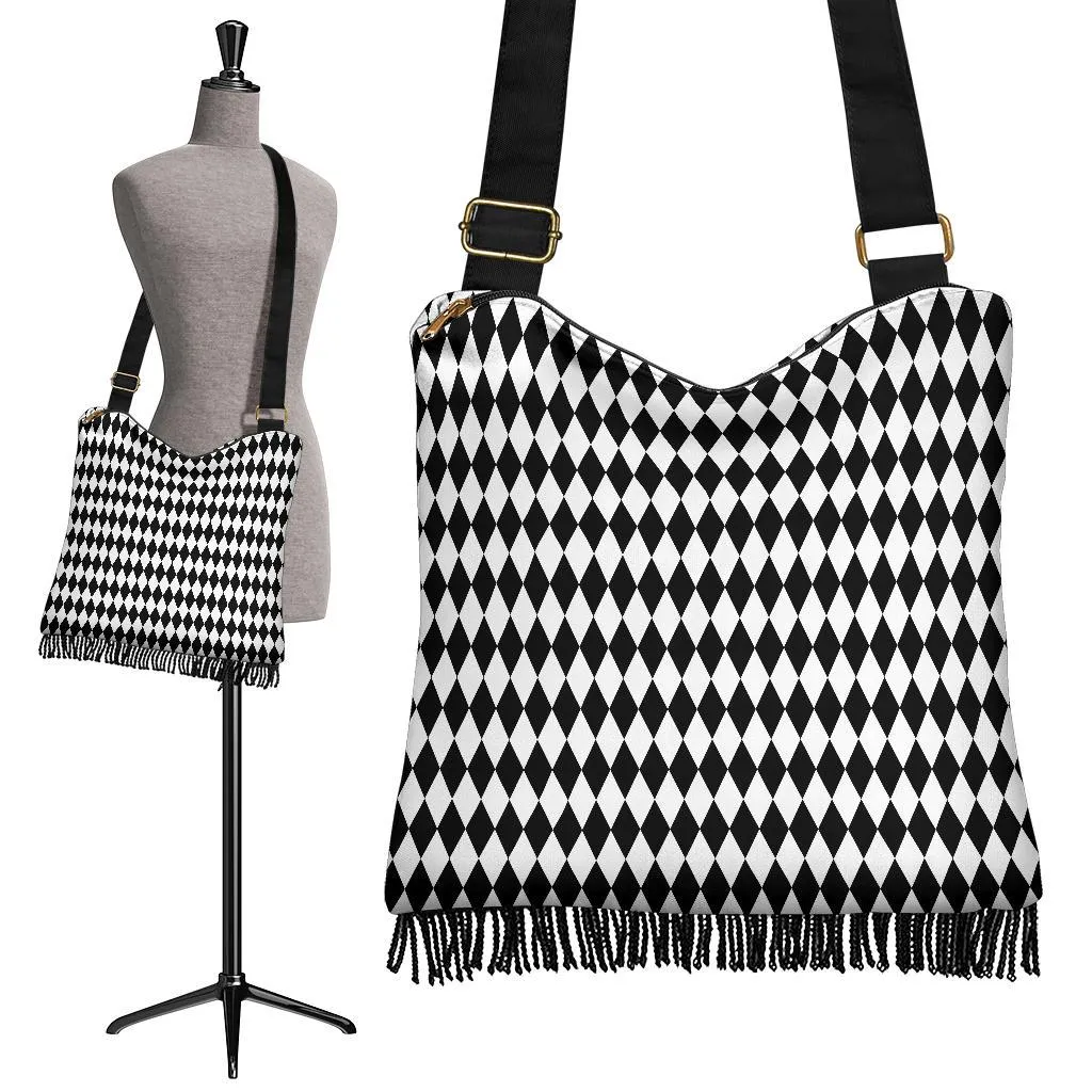 Boho Bag (Canvas) - Black and White Harlequin| Hobo Slouchy Bag Crossbody, Shoulder Bags for Women Hobo, Pattern Hobo Bag