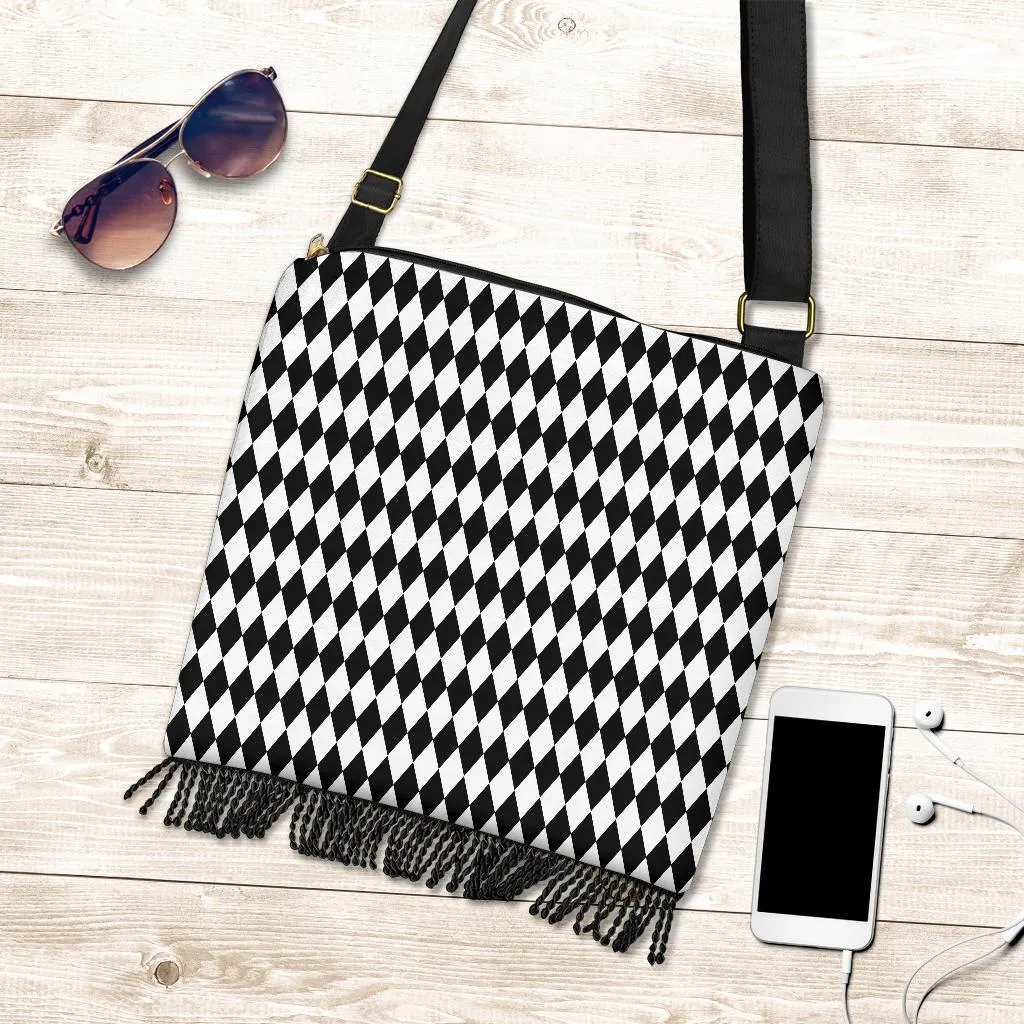 Boho Bag (Canvas) - Black and White Harlequin| Hobo Slouchy Bag Crossbody, Shoulder Bags for Women Hobo, Pattern Hobo Bag
