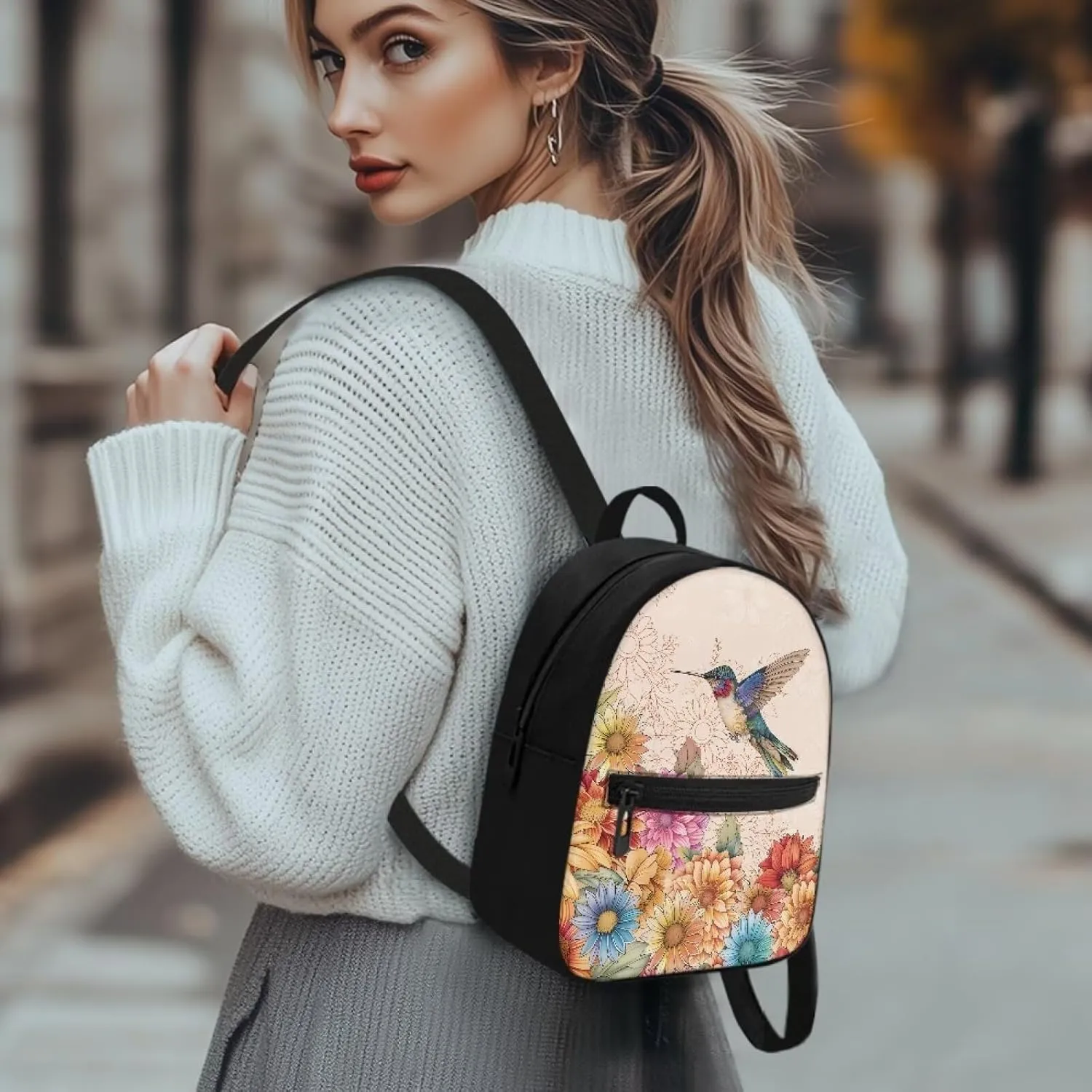 Boho Floral Hummingbird Purse Backpack for Women Small Backpack Purse Womens Fashion Back Packs with Zipper Lightweight Travel Daypack Casual Shoulder Bags for Work Hiking