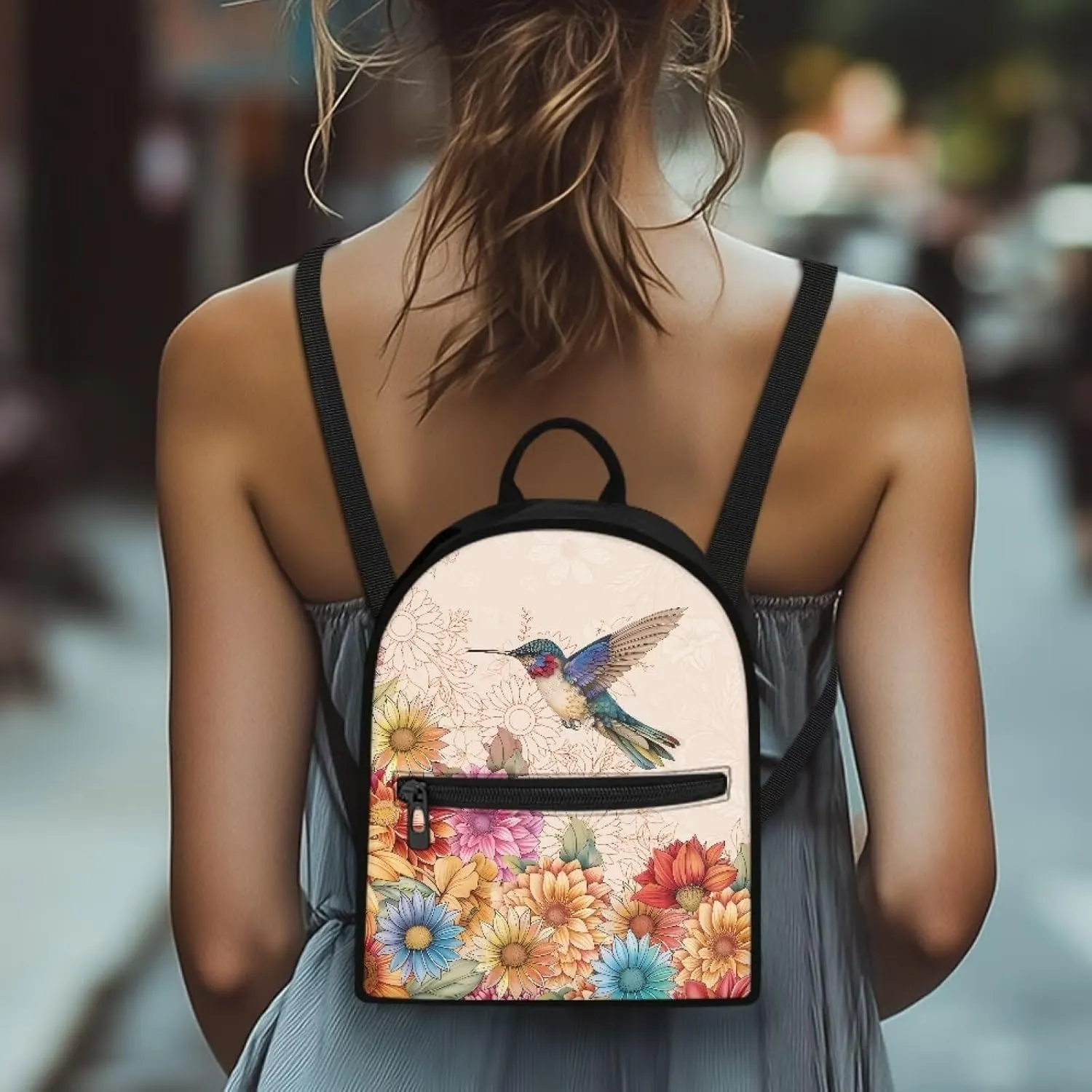 Boho Floral Hummingbird Purse Backpack for Women Small Backpack Purse Womens Fashion Back Packs with Zipper Lightweight Travel Daypack Casual Shoulder Bags for Work Hiking