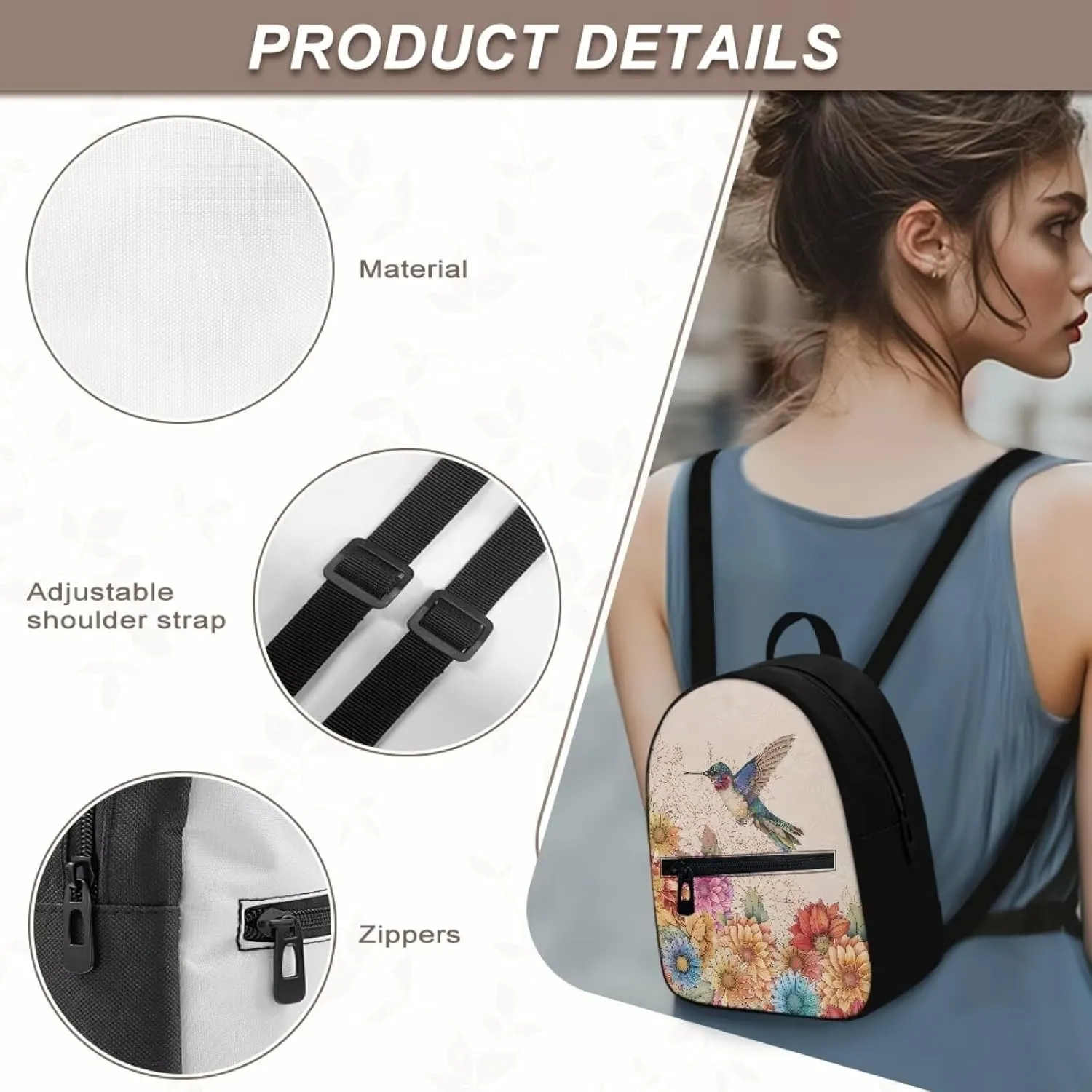 Boho Floral Hummingbird Purse Backpack for Women Small Backpack Purse Womens Fashion Back Packs with Zipper Lightweight Travel Daypack Casual Shoulder Bags for Work Hiking